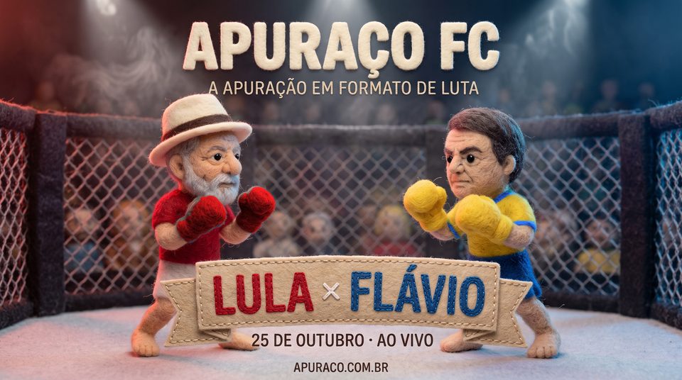 Capa do Apuraço FC: bonecos de feltro de Lula e Flávio no octógono